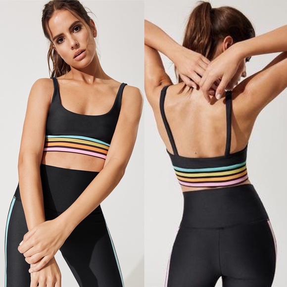 BEACH RIOT SPORT Leah Rainbow Stripe Sports Bra Crop Top in Black - Picture 1 of 11